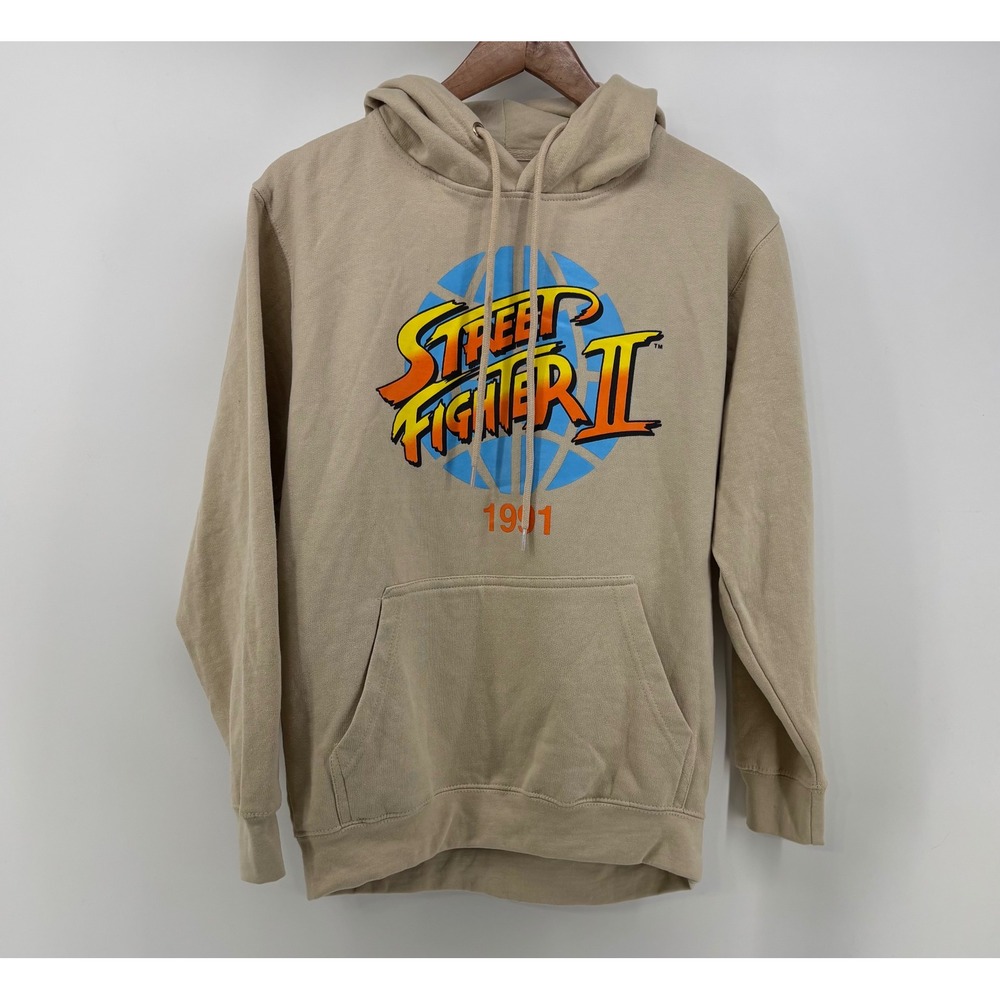 Street Fighter II 1991 Capcom Hoodie Men's Small Beige Pullover Ken Ryu Graphic